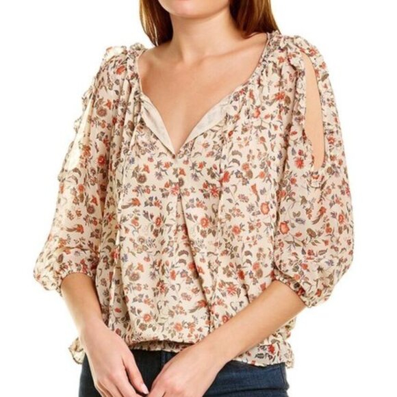 MAX STUDIO Georgette Elbow Sleeve Cold Shoulder Blouse Red White Floral Boho Top - Picture 3 of 16